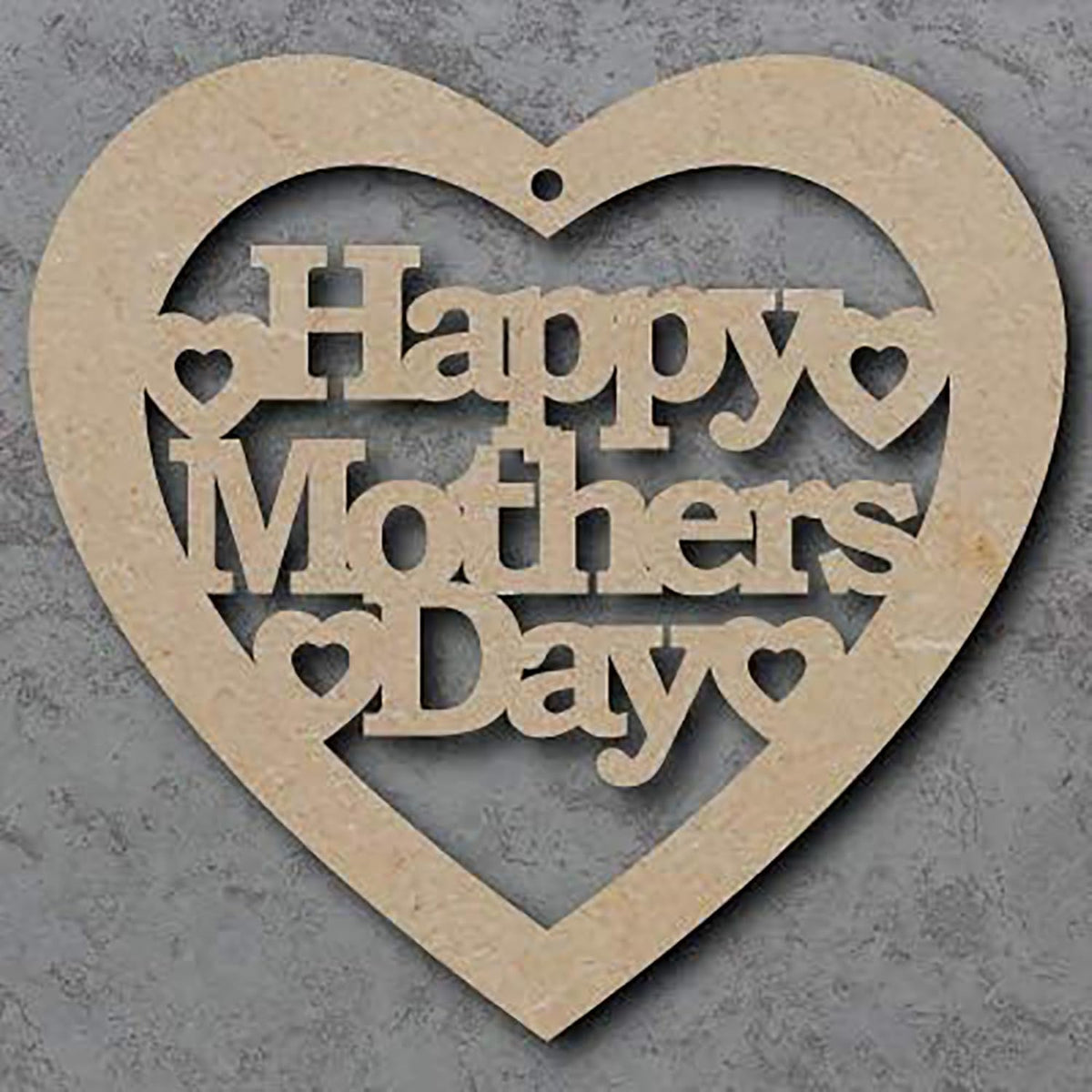 Heart-shaped wooden cutout with 'Happy Mother's Day' text on a gray background