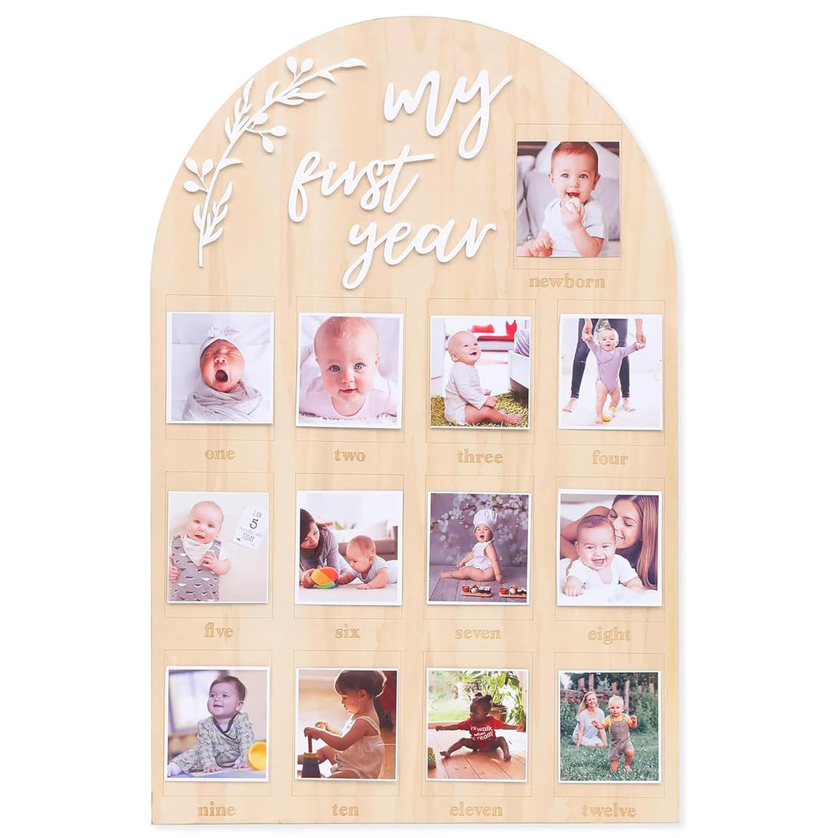 Wooden photo display with 'my first year' text and baby photos.