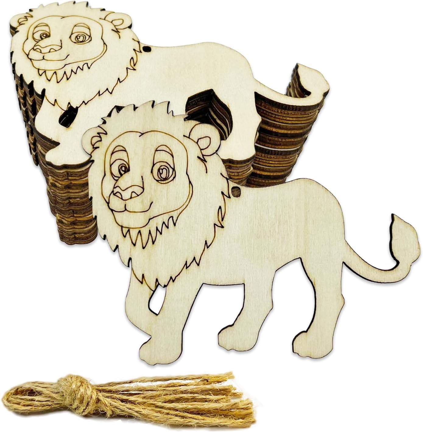 Wooden lion ornament with a tassel on a white background