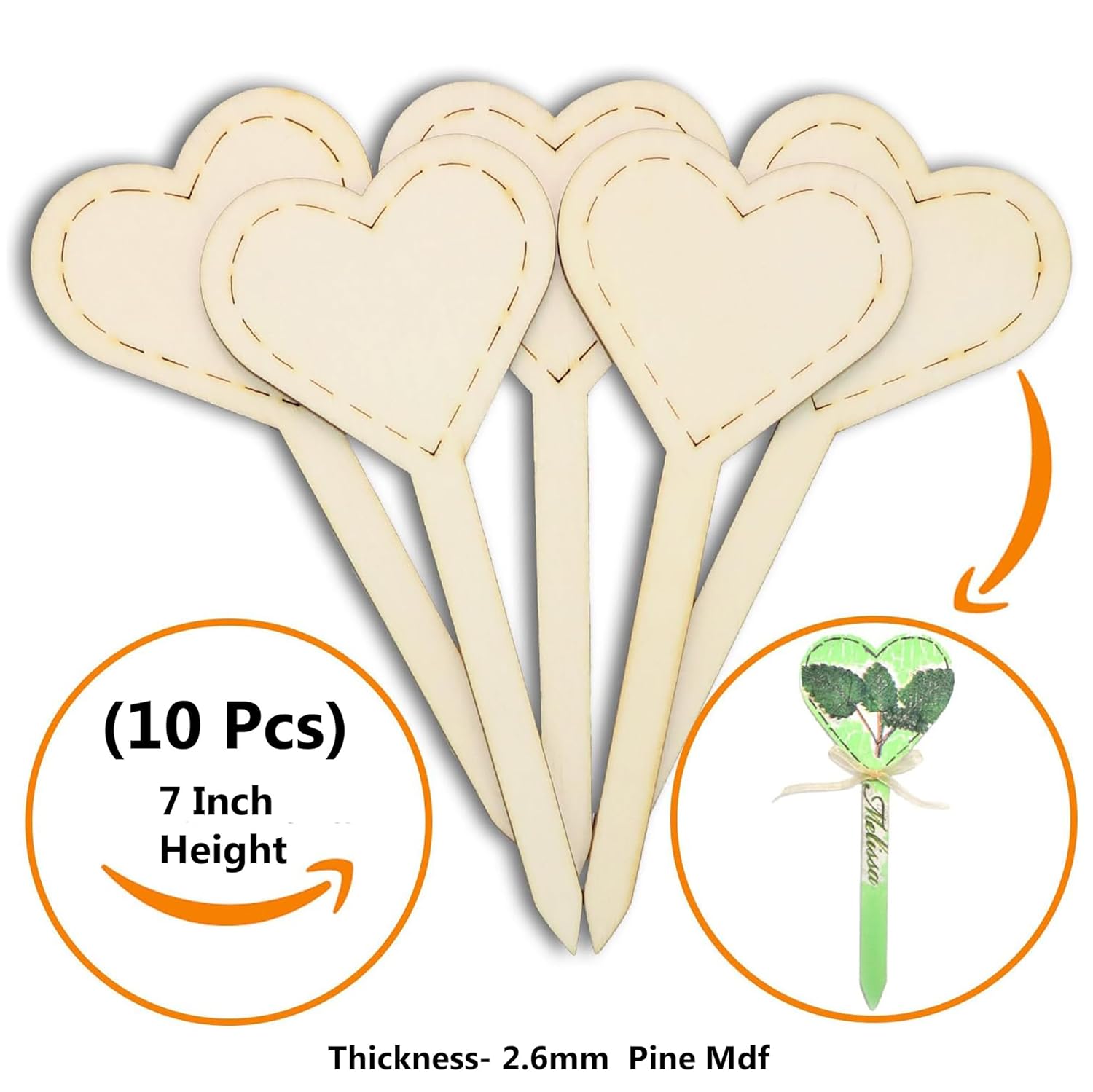 Set of heart-shaped wooden picks with details on size and material on a white background