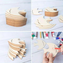 Step-by-step process of assembling wooden fish shapes with tools on a white background