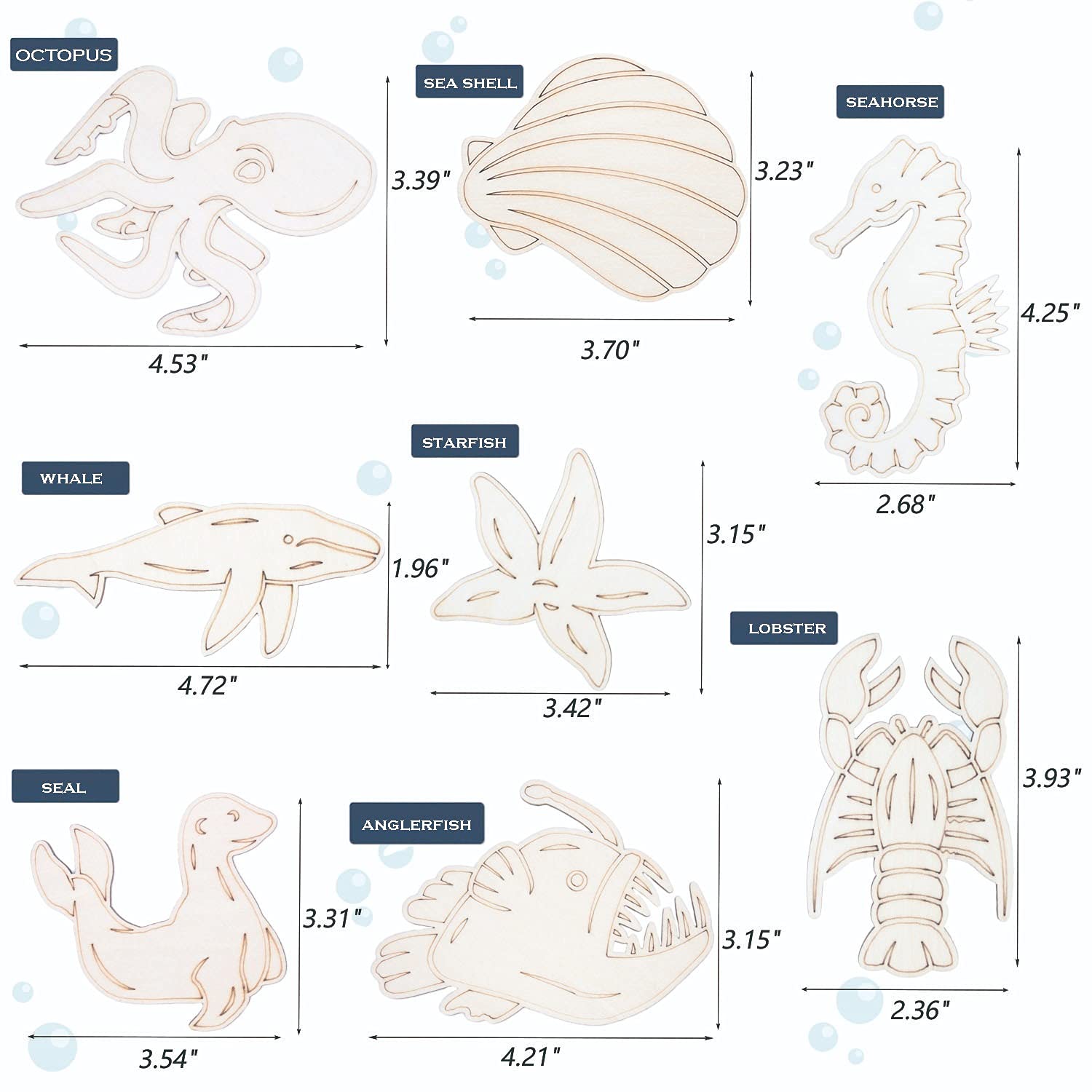 Measurement chart of various sea creature shapes with dimensions.