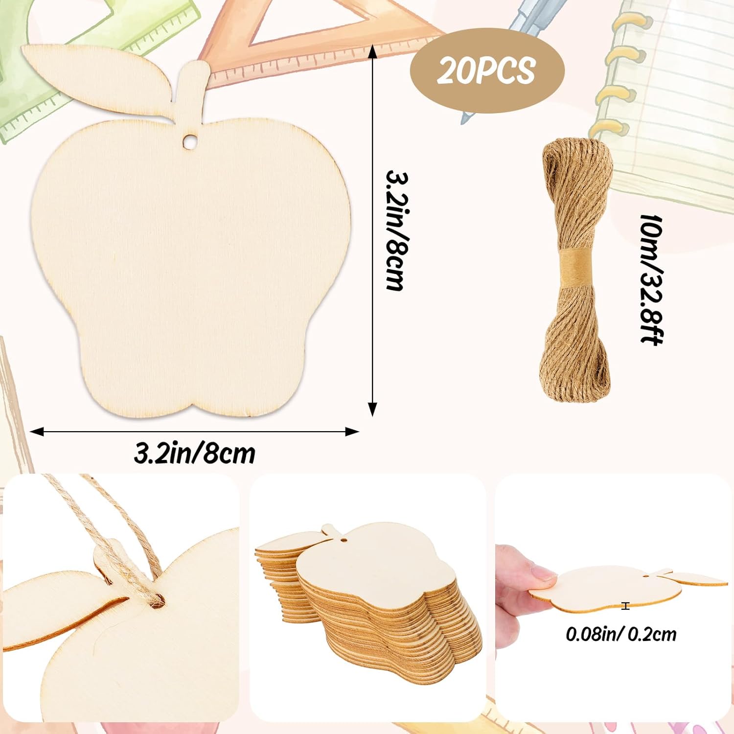 Wooden apple-shaped tags with string, showing dimensions and quantity on a white background.