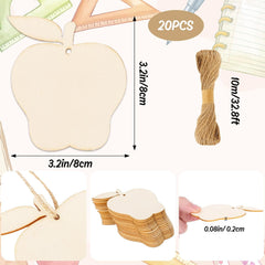 Wooden apple-shaped tags with string, showing dimensions and quantity on a white background.