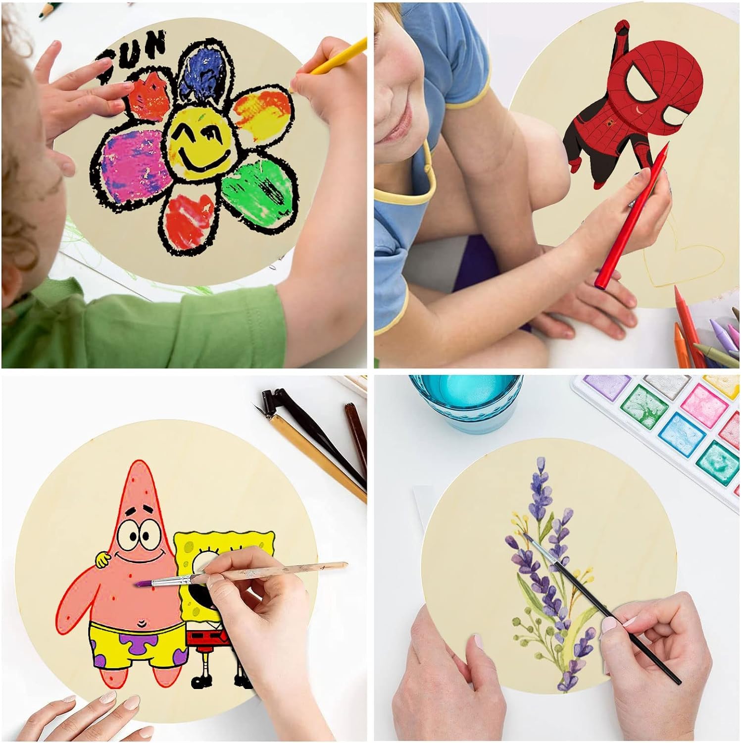 Collage of children drawing on round canvases with various characters.
