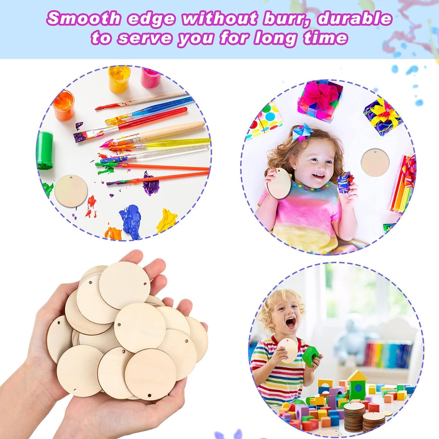 Wooden discs with children playing and colorful items on a white background