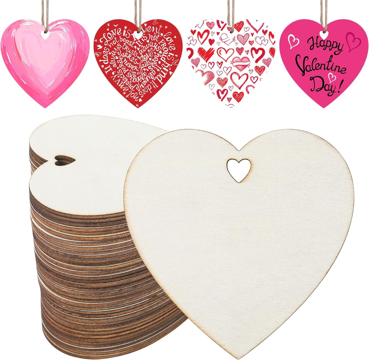 Heart-shaped wooden tags with printed designs and plain white heart tag.