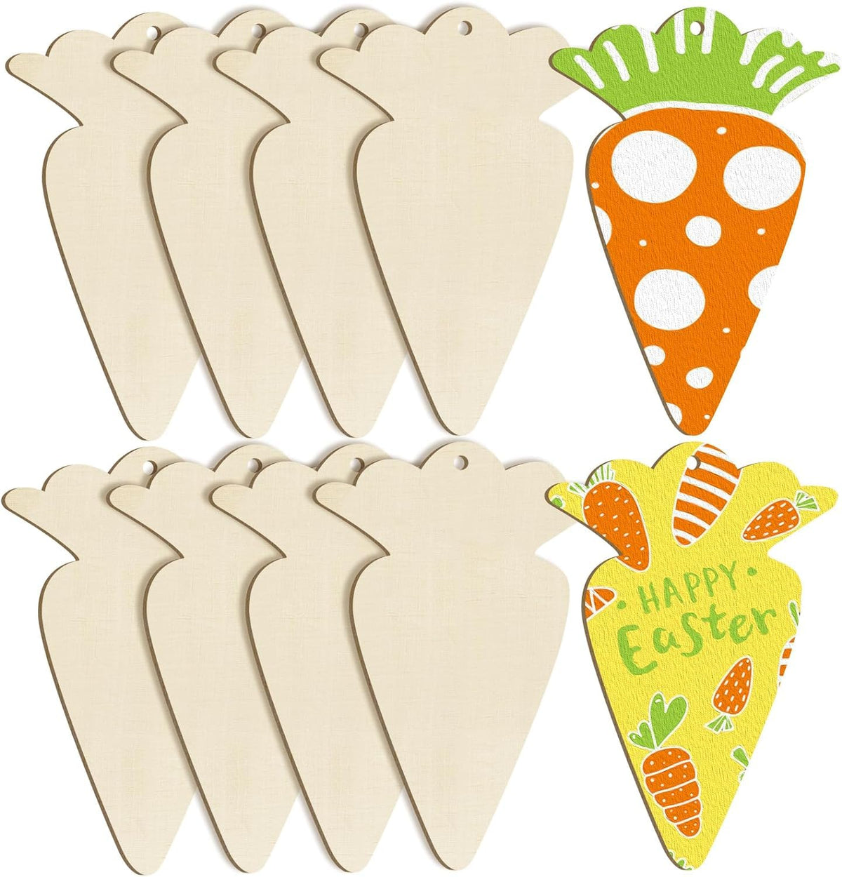 Set of carrot-shaped wooden tags with colorful designs on a white background