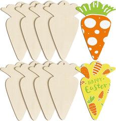 Set of carrot-shaped wooden tags with colorful designs on a white background