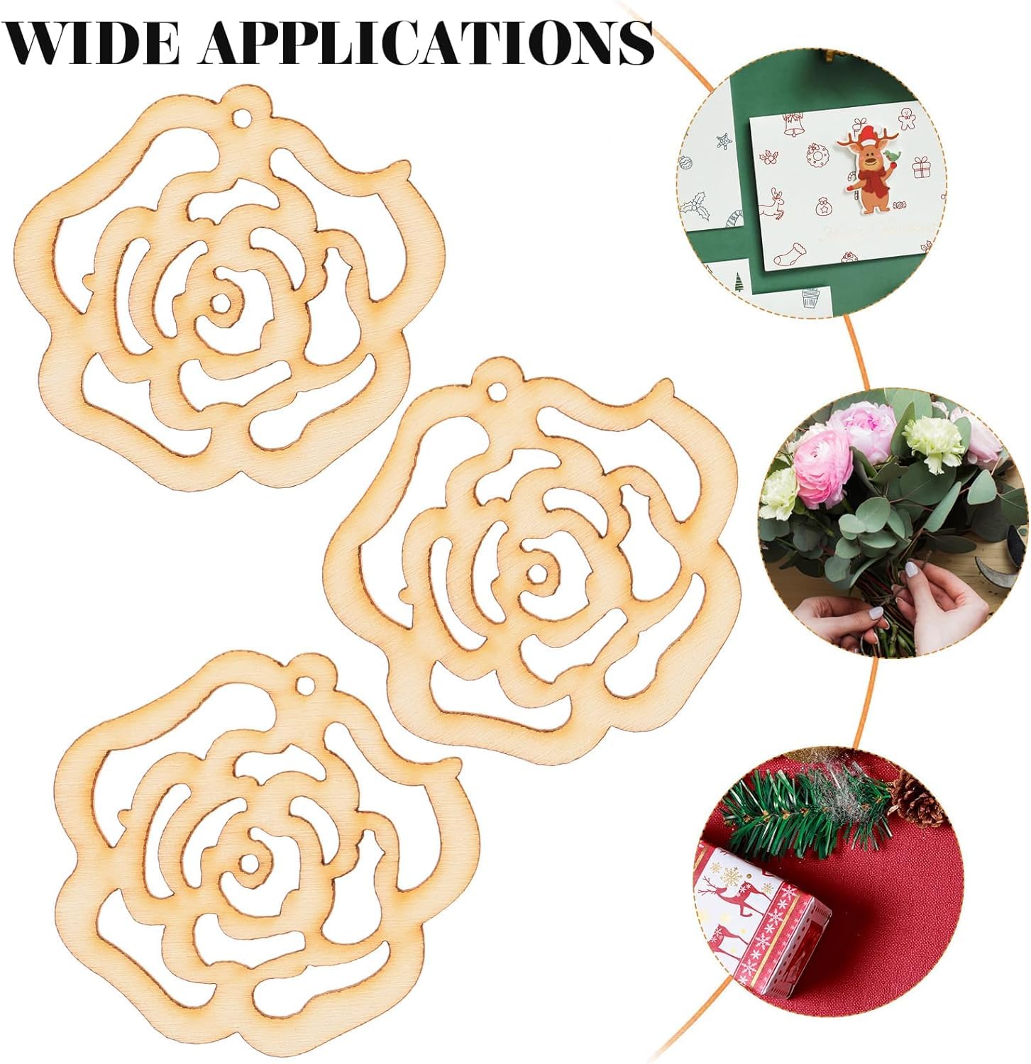 Decorative wooden rose shapes with applications on a white background