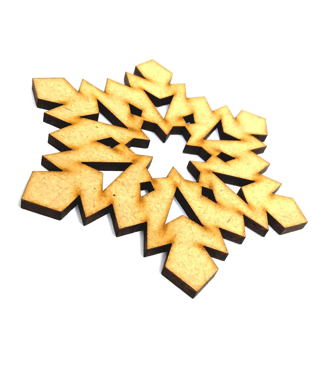 Wooden snowflake cutout on a white background