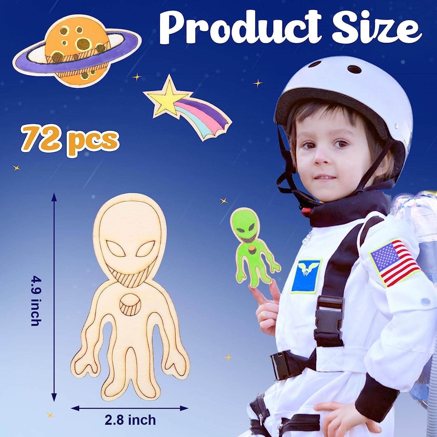 Child in astronaut costume with product size chart and alien figures on a space-themed background