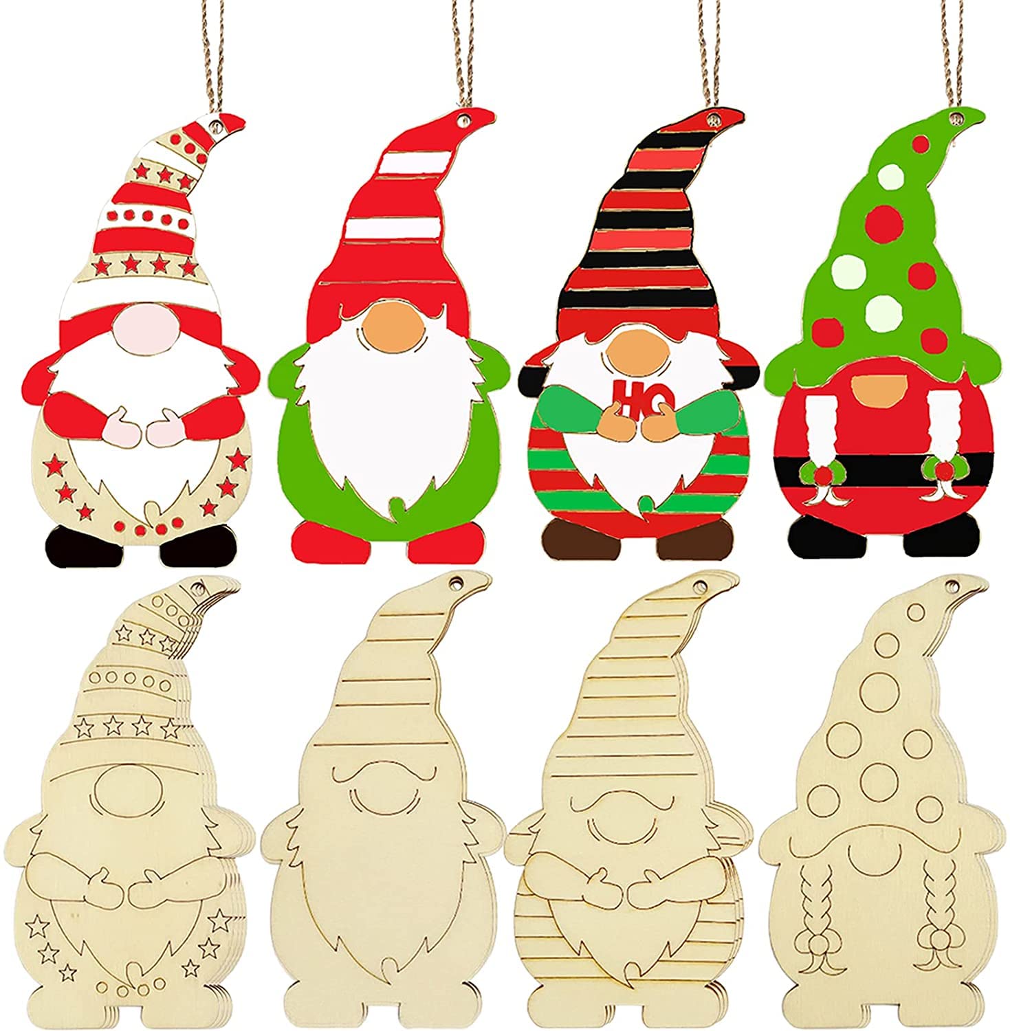Set of colorful gnome ornaments with various designs on a white background