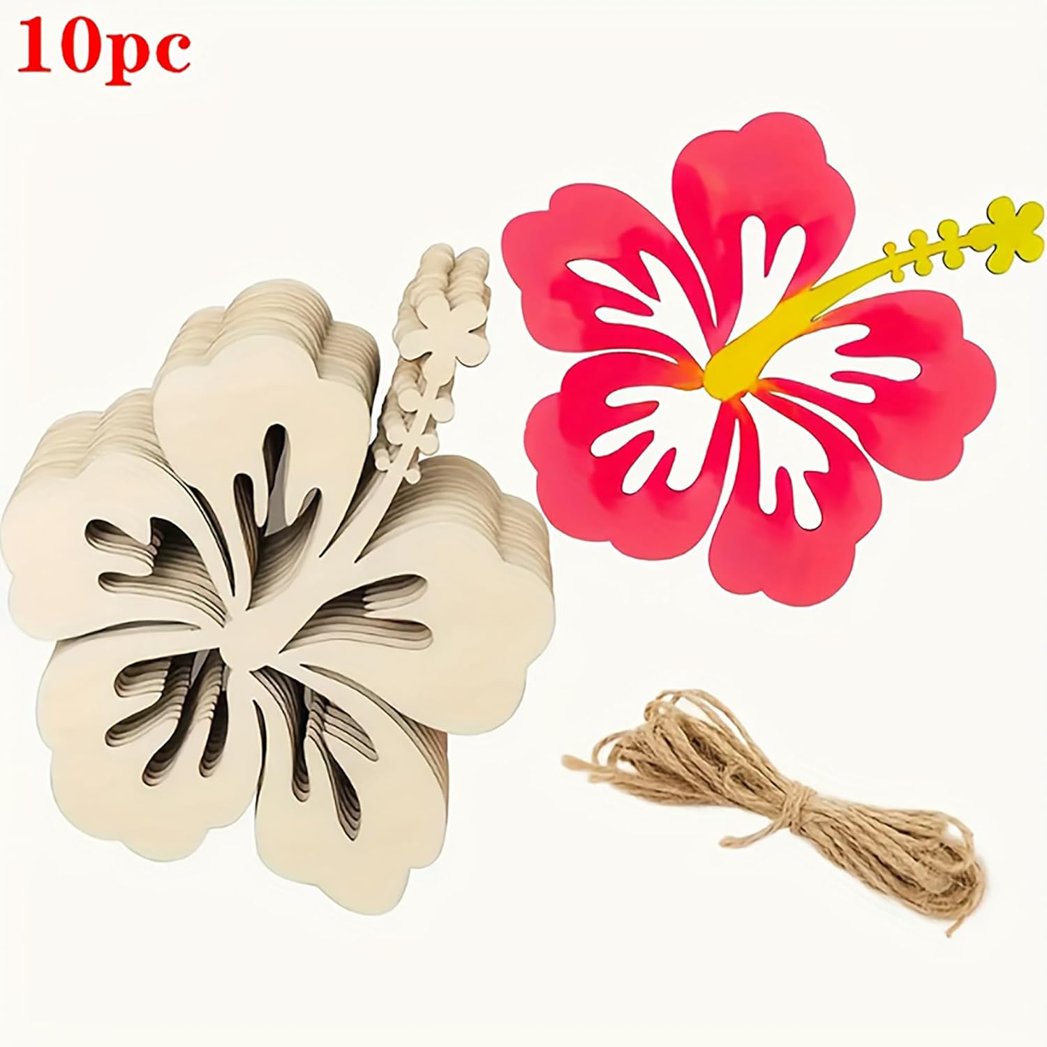 Set of wooden flower-shaped cutters with a pink floral decoration and jute string on a white background.