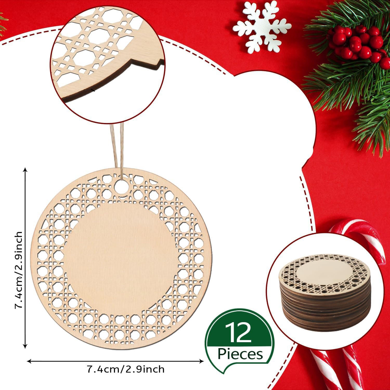 Wooden Christmas ornament with lace design, measurements, and quantity on a festive background.
