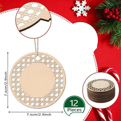 Wooden Christmas ornament with lace design, measurements, and quantity on a festive background.