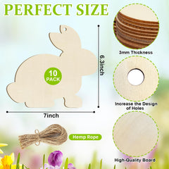 Wooden bunny shapes with measurements and details on a nature-themed background
