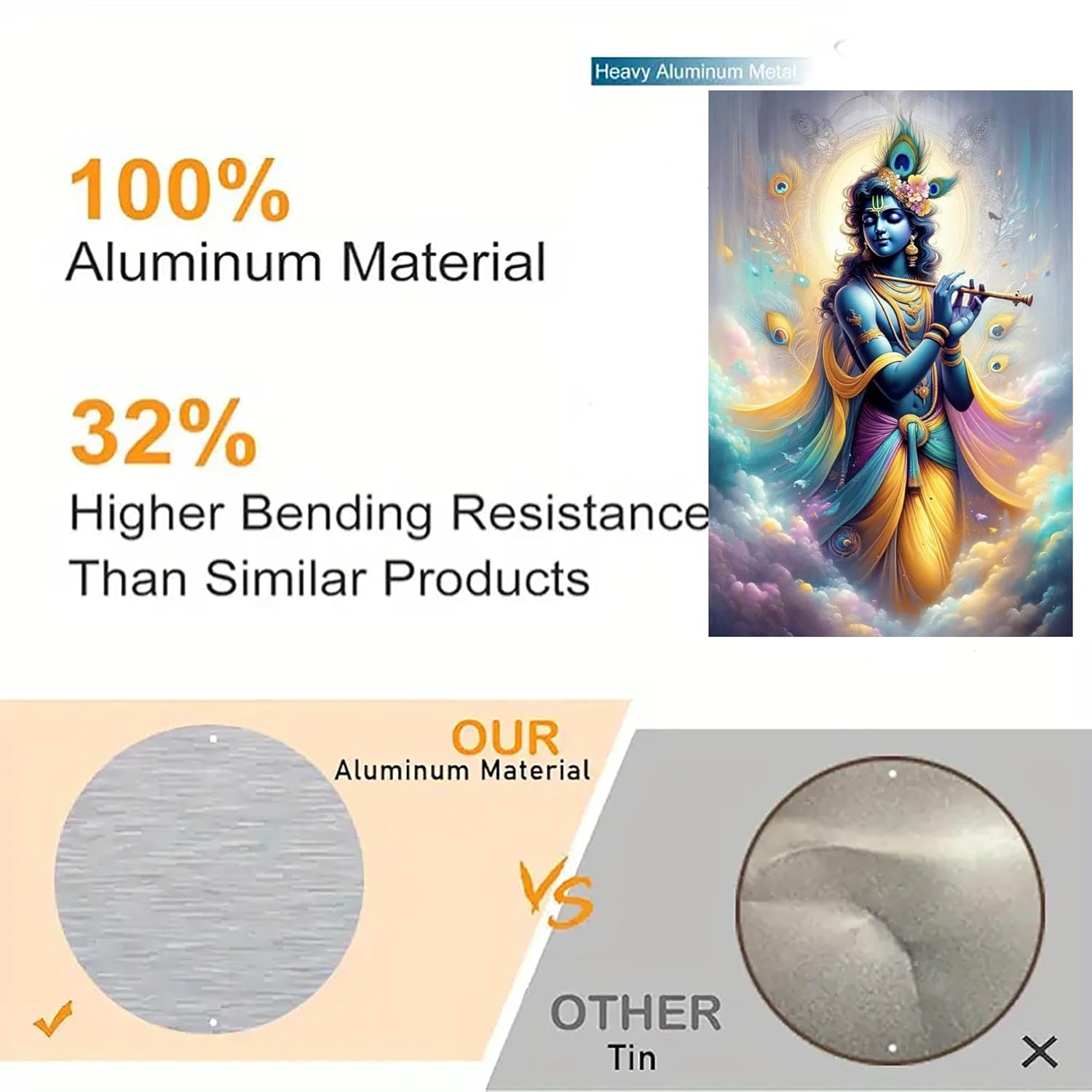 Comparison of aluminum material with tin, featuring a colorful depiction of a deity.