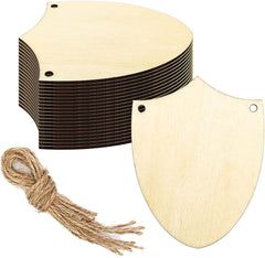 Set of wooden shield-shaped tags with twine on a white background