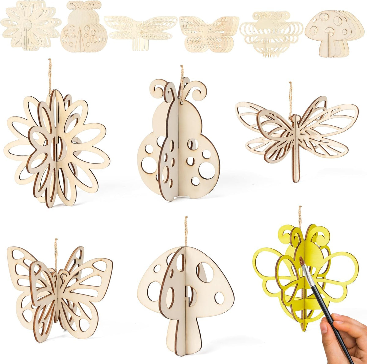 Set of wooden decorative items including butterflies, flowers, and mushrooms with a hand painting one item.