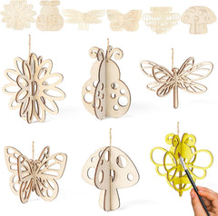 Set of wooden decorative items including butterflies, flowers, and mushrooms with a hand painting one item.