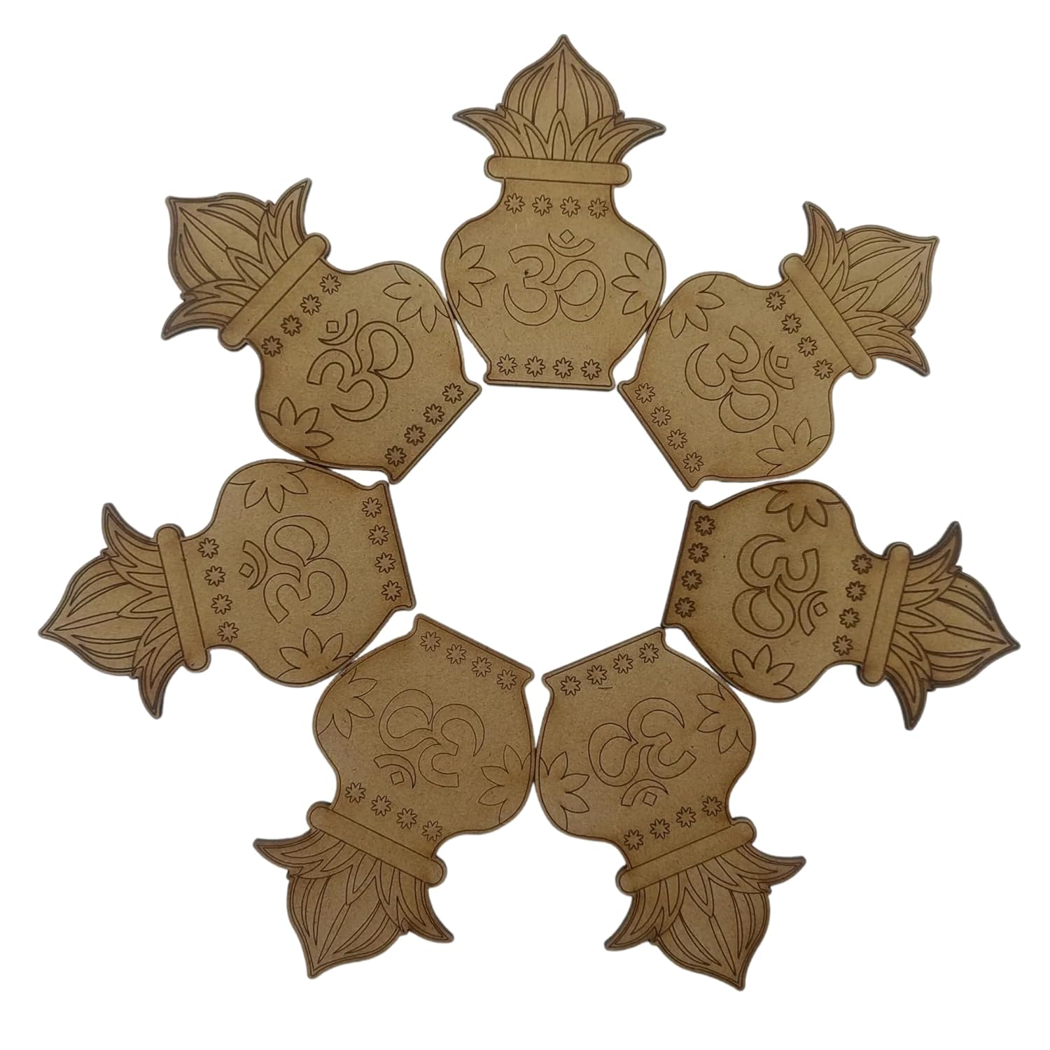 Decorative wooden pieces with intricate designs on a white background