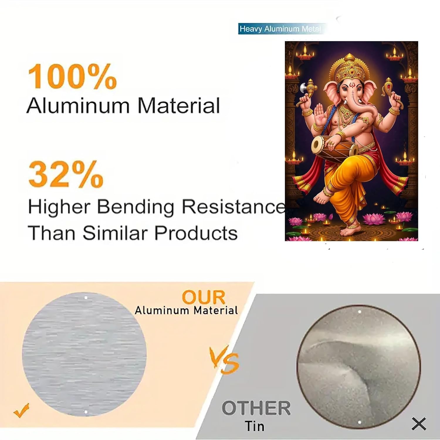 Advertisement showcasing aluminum material with a comparison to tin, featuring an image of a deity.