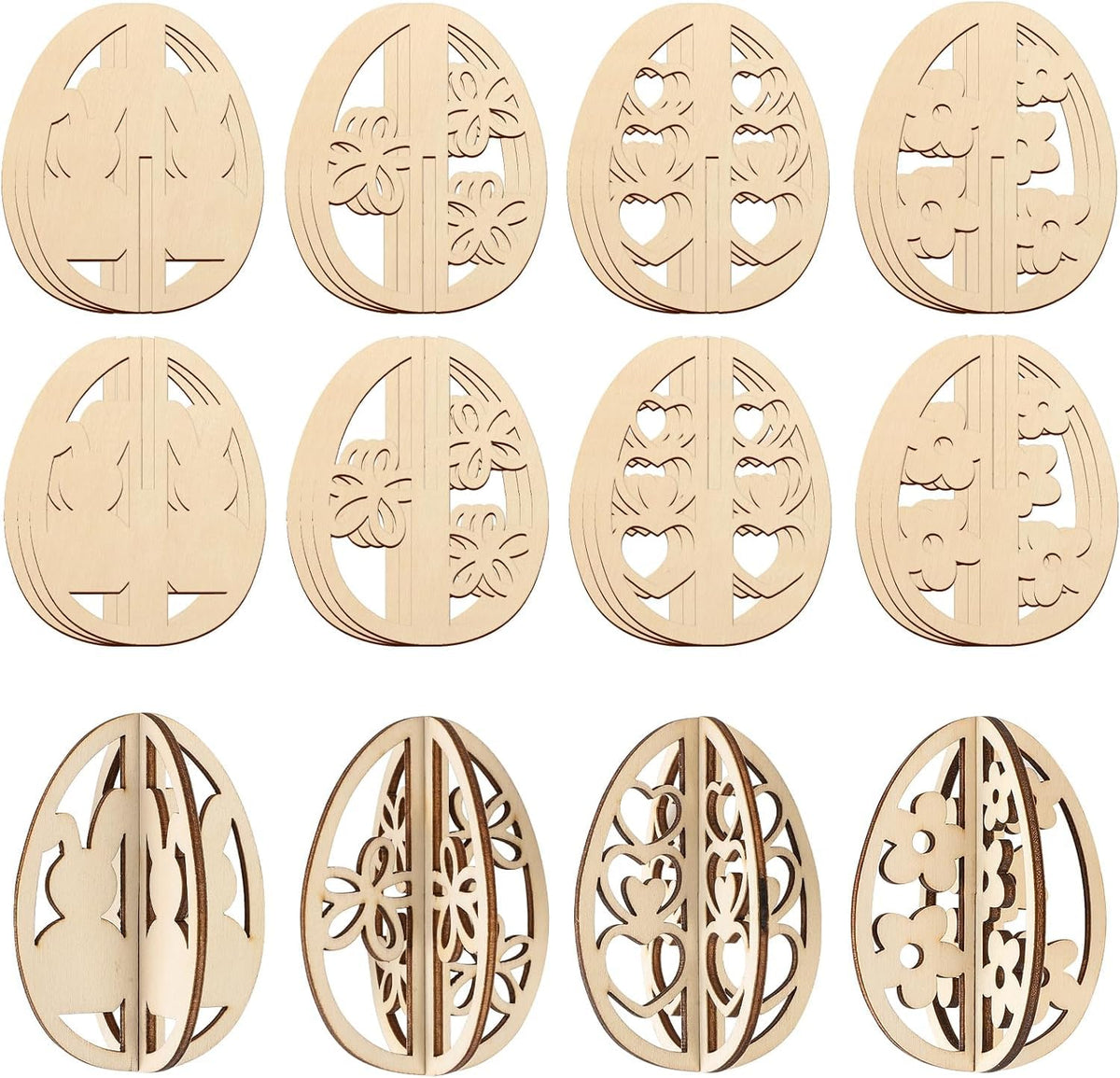 Set of wooden Easter egg decorations with intricate cut-out patterns on a white background.