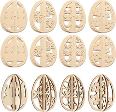 Set of wooden Easter egg decorations with intricate cut-out patterns on a white background.