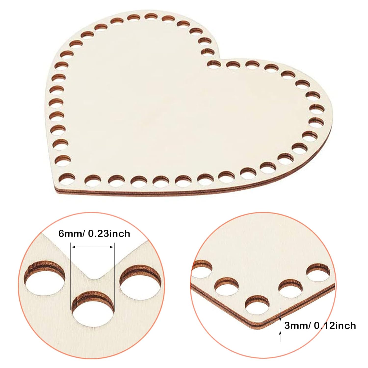 Heart-shaped wooden cutout with holes and measurements on a white background