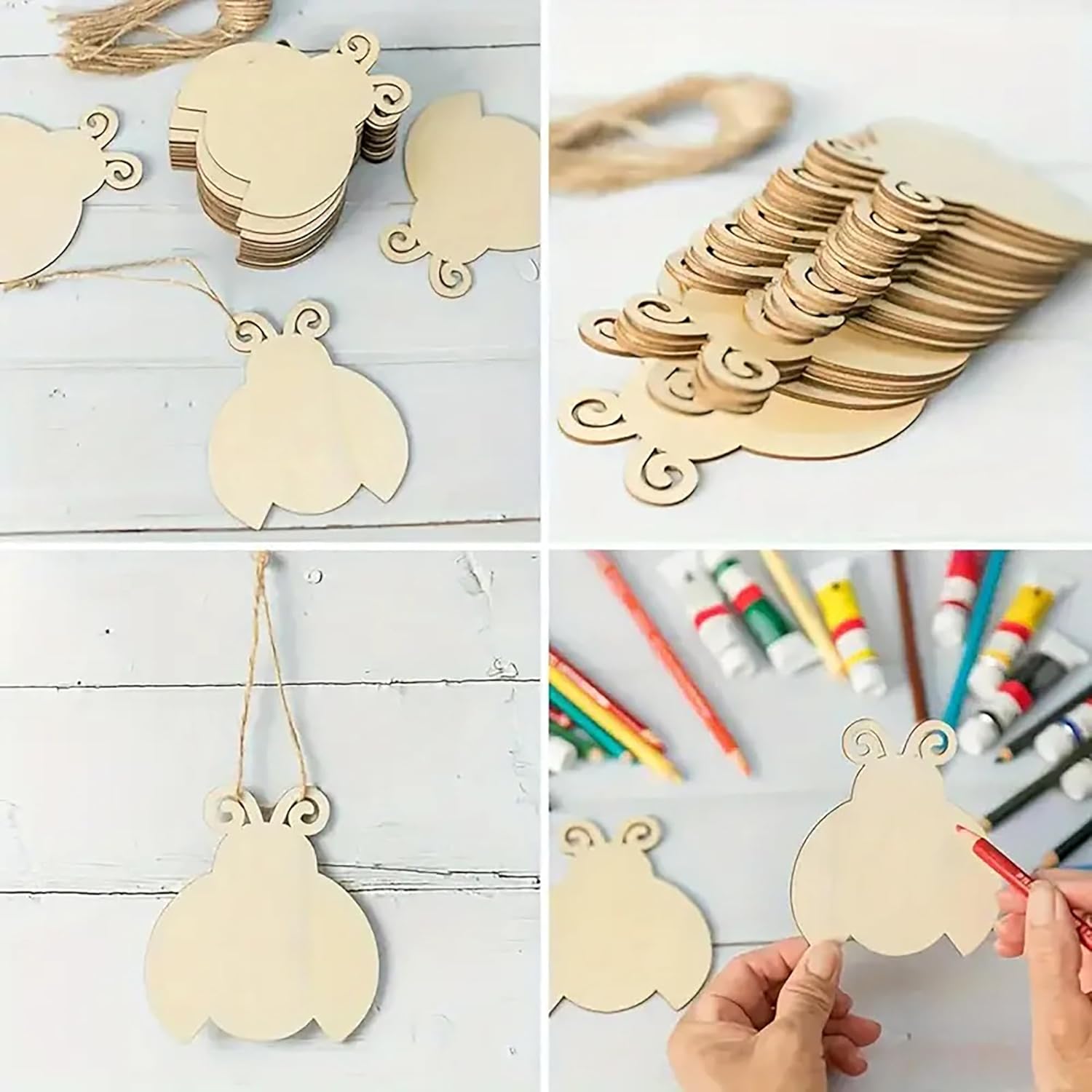 Collage of wooden cutouts with decorative elements, including letters and shapes, on a white background.