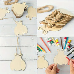 Collage of wooden cutouts with decorative elements, including letters and shapes, on a white background.