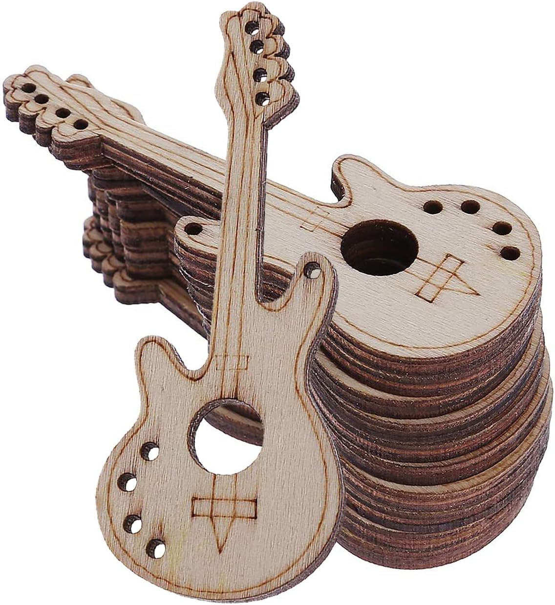 Stack of wooden guitar-shaped cutouts on a white background