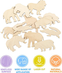 Set of wooden animal cutouts including elephants, a lion, and a rhino on a white background.