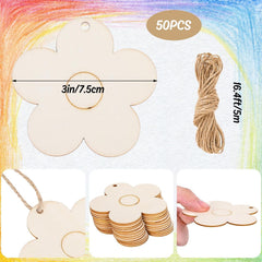 American Elm 50 Pcs Wood Flower Cutouts Bulk Pack Boho Flower Shapes with Holes, Hemp Rope Included, DIY Hanging