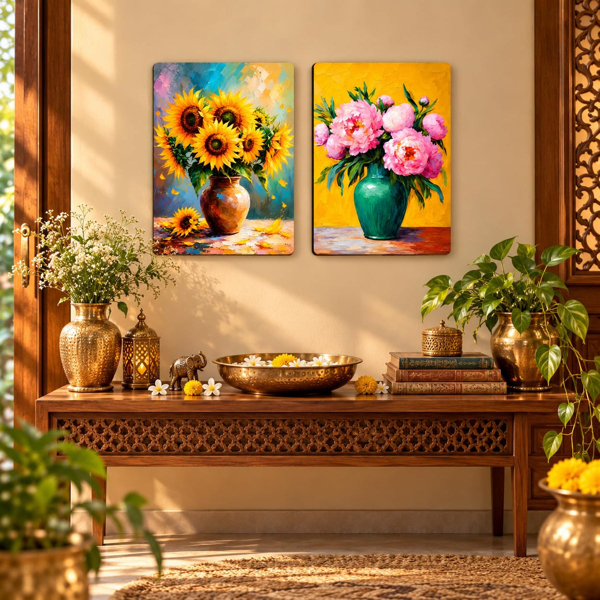 sunflower and peony wall art for living room