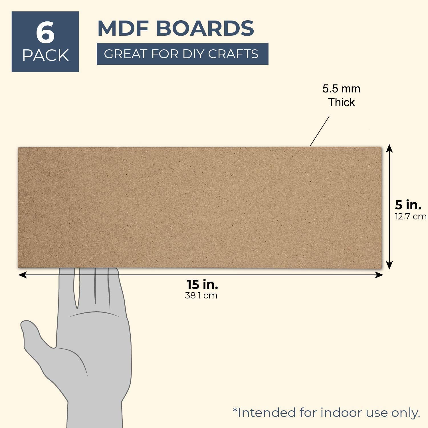 MDF board with dimensions and hand for scale, labeled as part of a 6-pack set for DIY crafts.