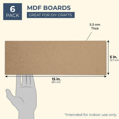 MDF board with dimensions and hand for scale, labeled as part of a 6-pack set for DIY crafts.