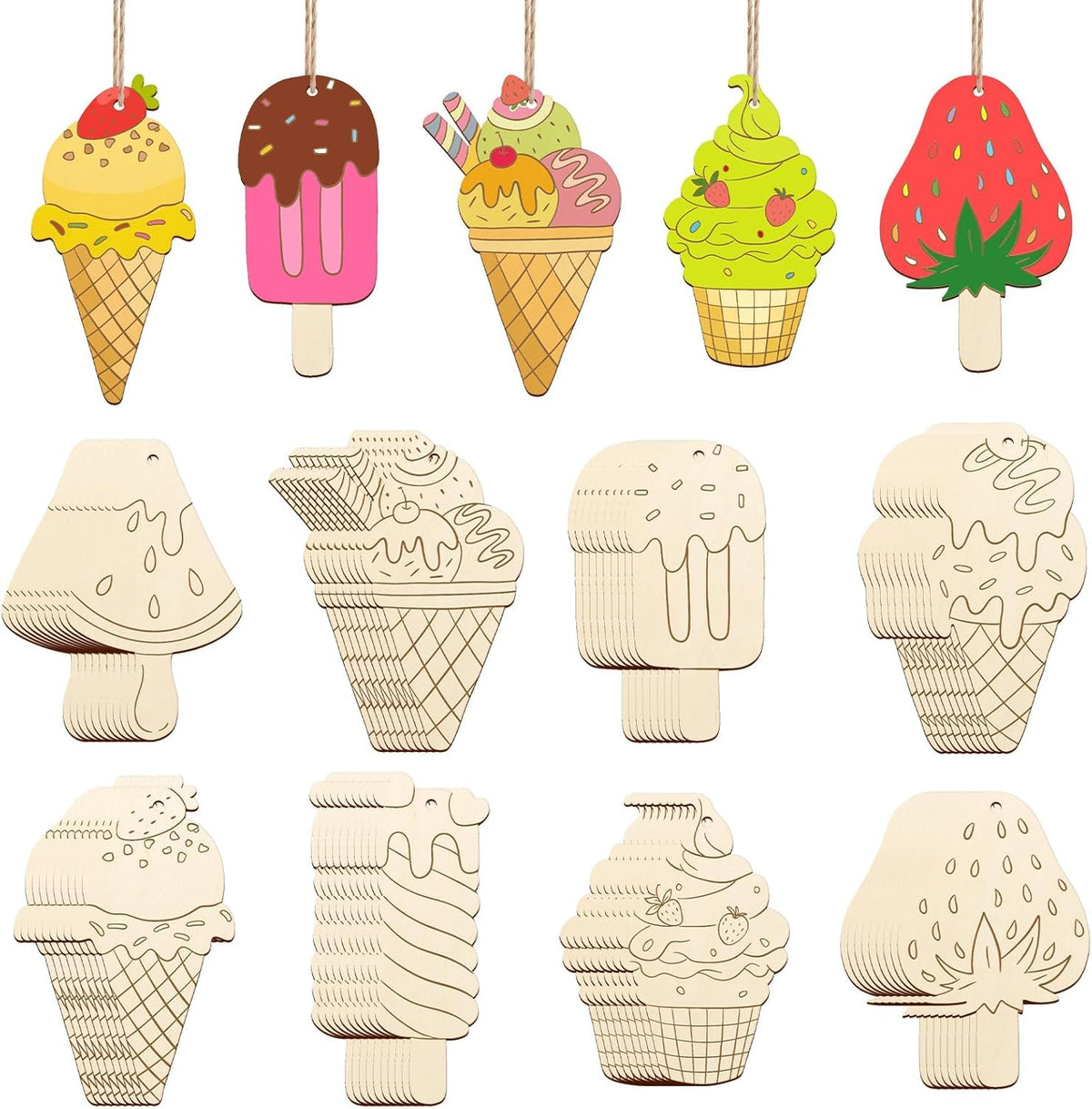 Set of wooden ice cream and popsicle-shaped ornaments on a white background