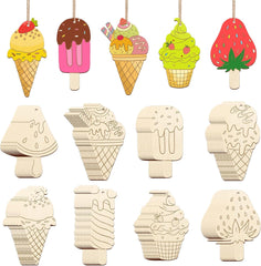 Set of wooden ice cream and popsicle-shaped ornaments on a white background