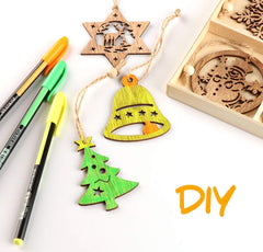 Wooden Christmas ornaments with markers and a box labeled 'DIY' on a white background