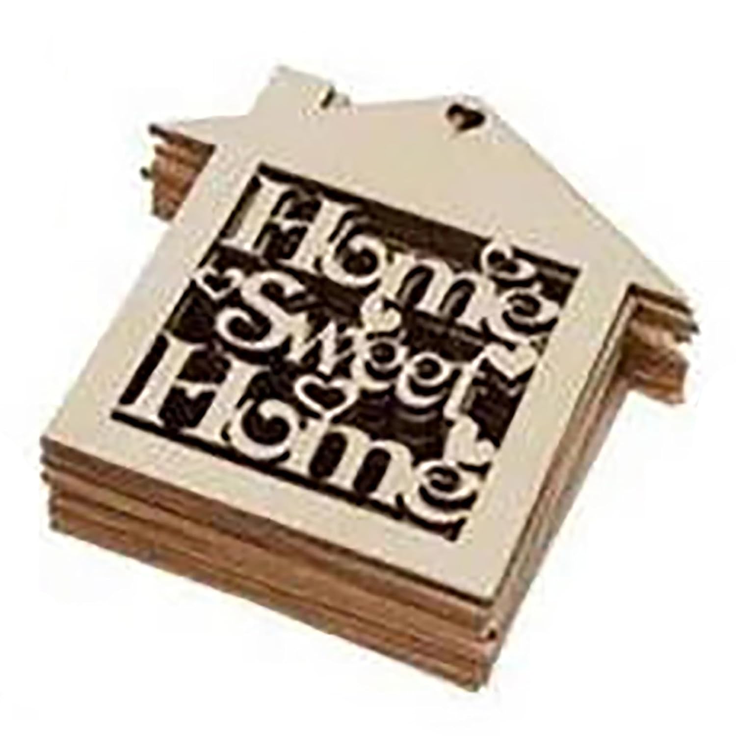 Stack of wooden coasters with 'Home Sweet Home' text on a white background
