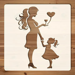 Wooden cutout of a mother and daughter holding hands with heart-shaped balloons on a wooden background