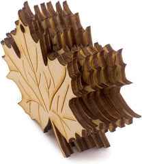 Wooden leaf-shaped coaster set on a white background