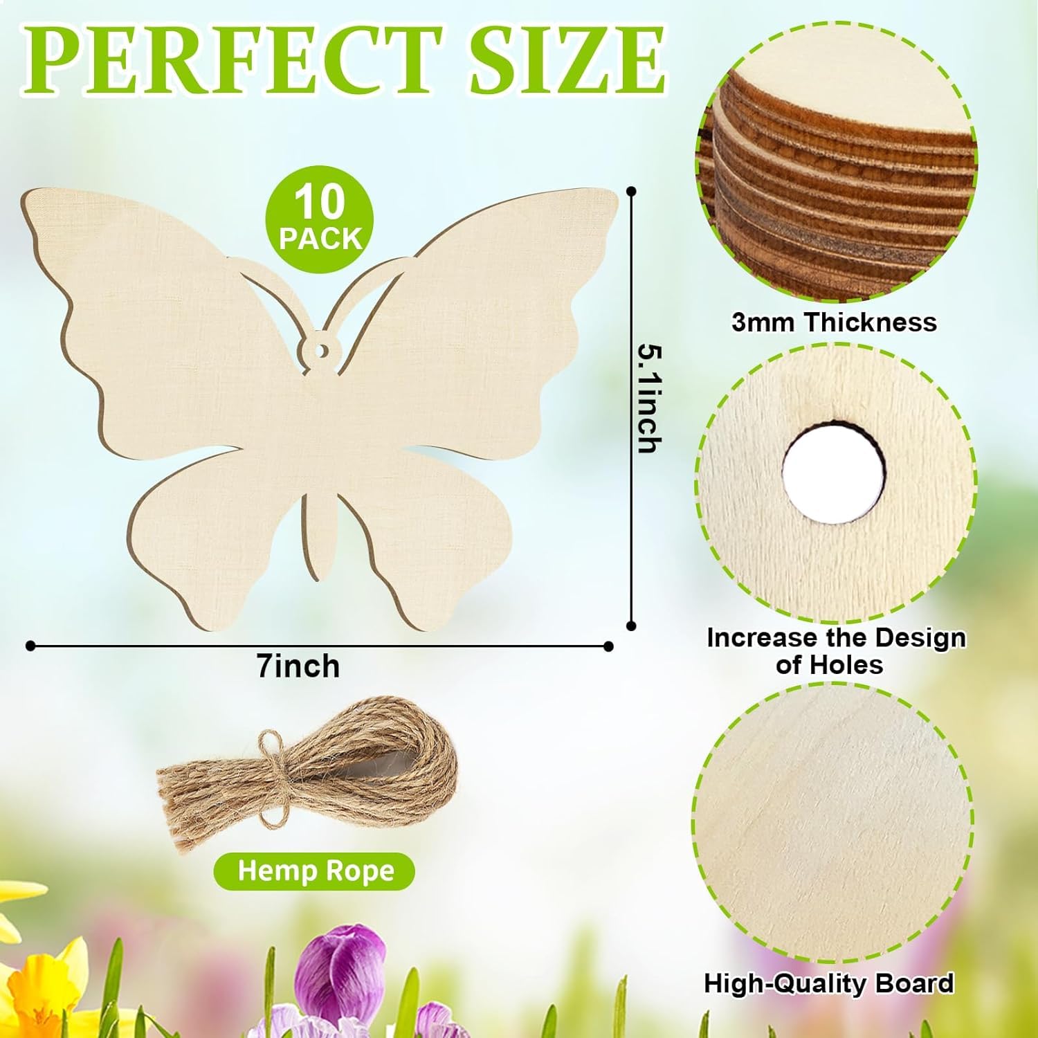 Wooden butterfly cutouts with measurements and materials details on a nature-themed background
