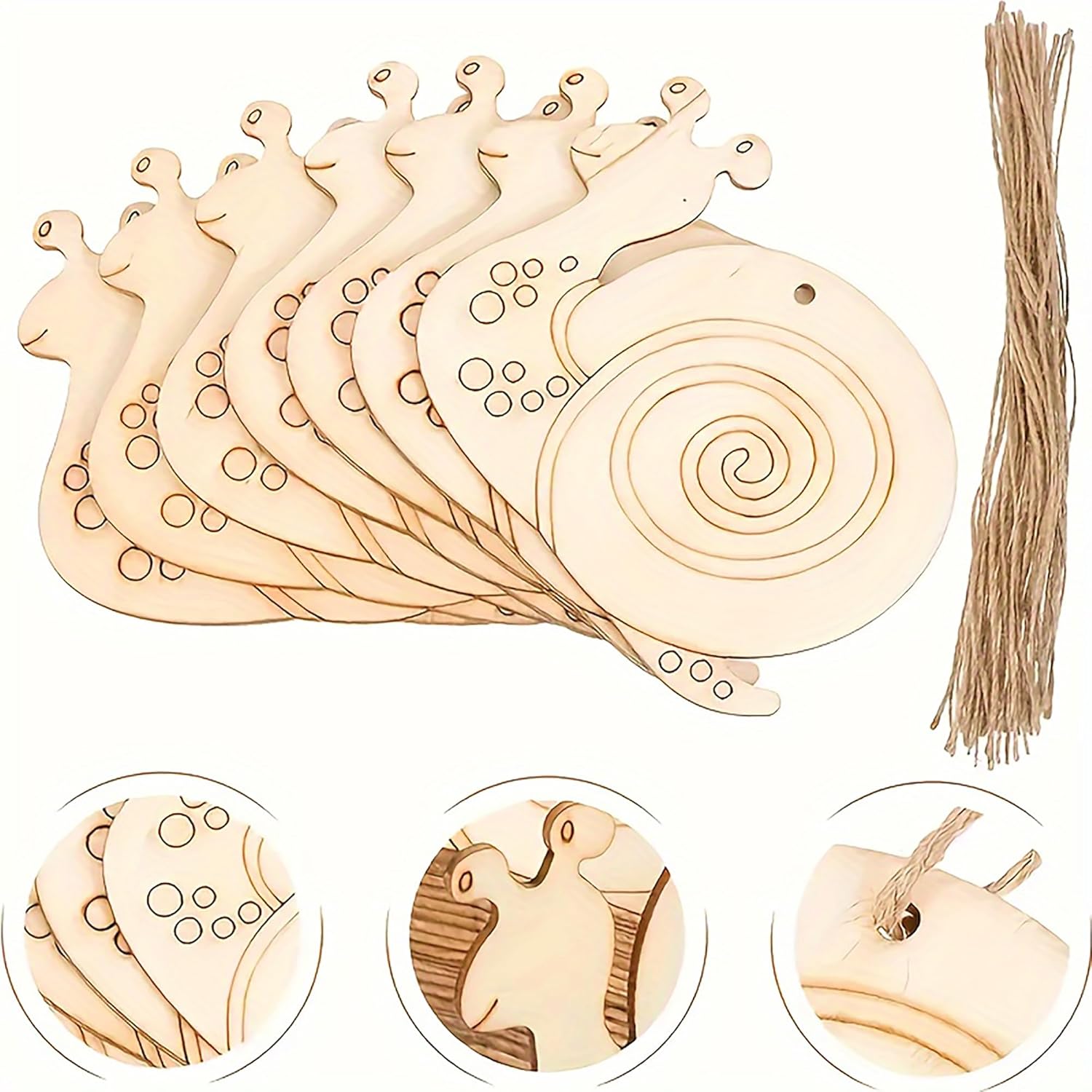 Wooden snail shapes with string for crafting on a white background
