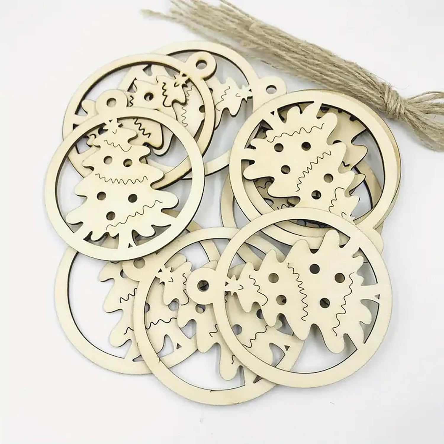 Wooden gear-shaped ornaments on a white background