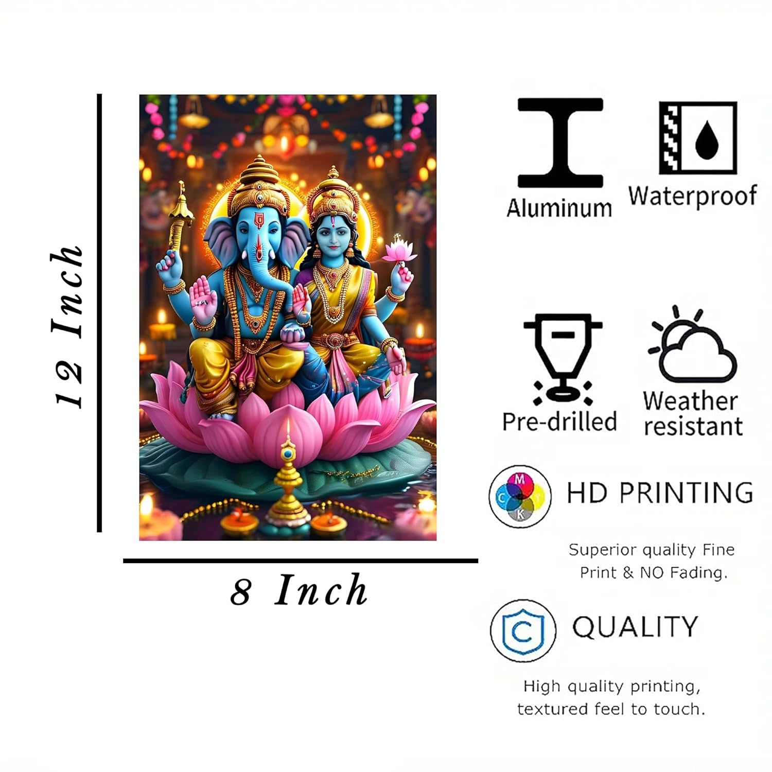 Decorative panel with神像 on a lotus, featuring product details like size, material, and features.