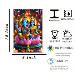 Decorative panel with神像 on a lotus, featuring product details like size, material, and features.