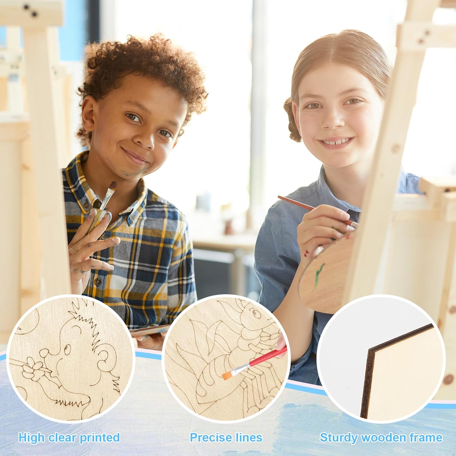 Two children working on a craft project with wooden frames and markers, surrounded by close-up details of their work.